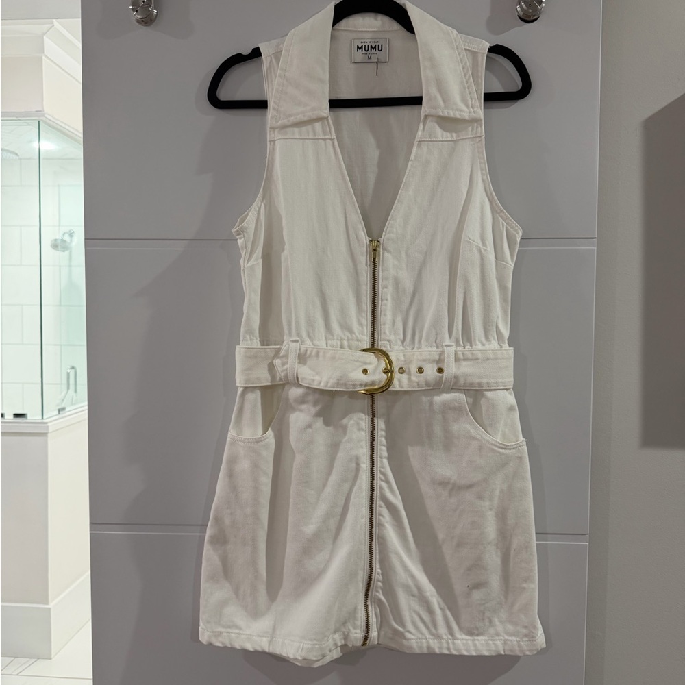 Show Me Your MuMu White Sleeveless Mini Dress with Gold Buckle